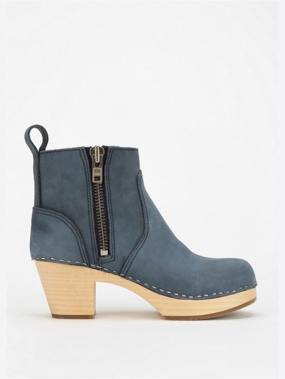 Swedish Hasbeens Toffel Zip Boots Navy Nubuck Wood Clog Heel EU 38 / US 7.5-8